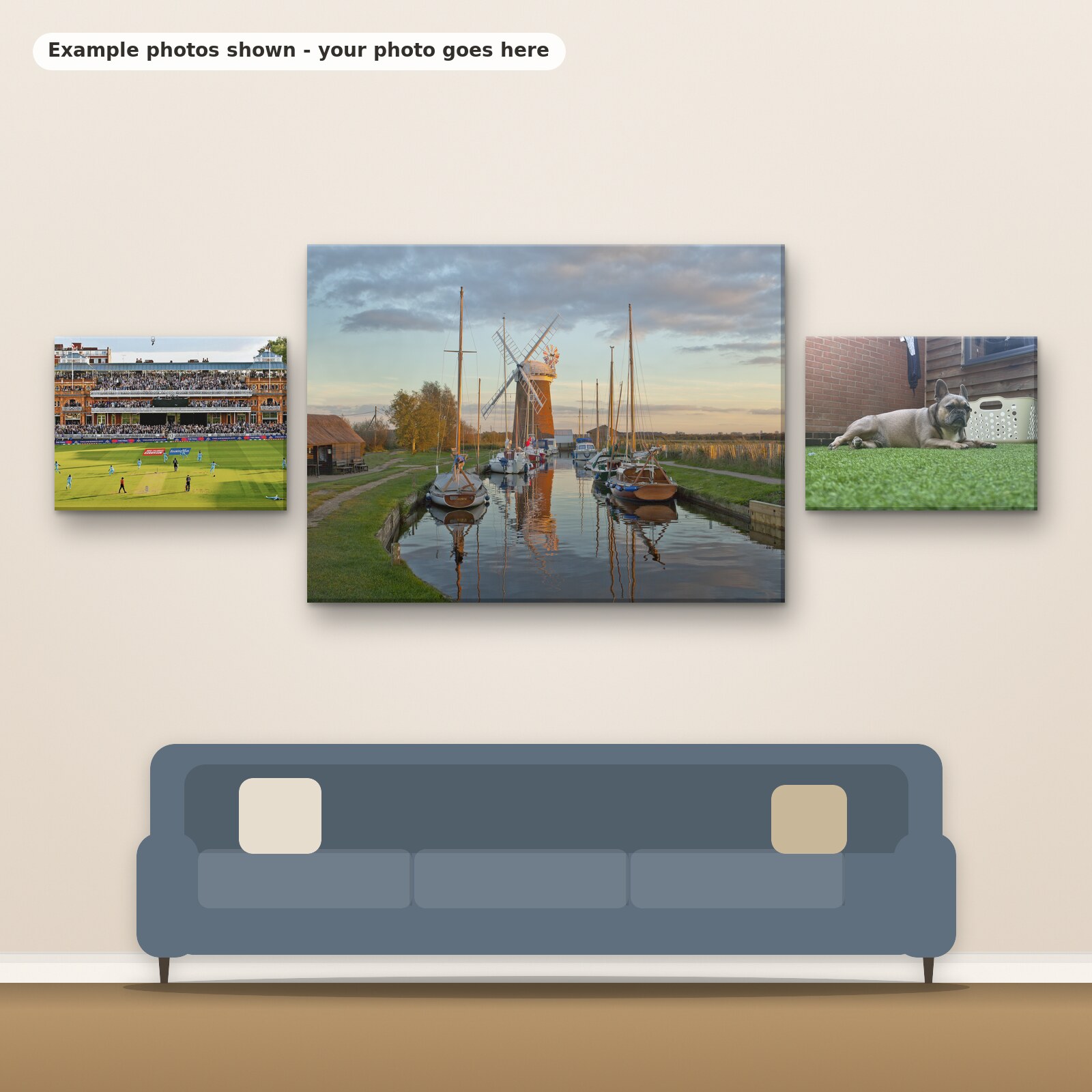 Example photos on three landscape canvases hanging above a sofa