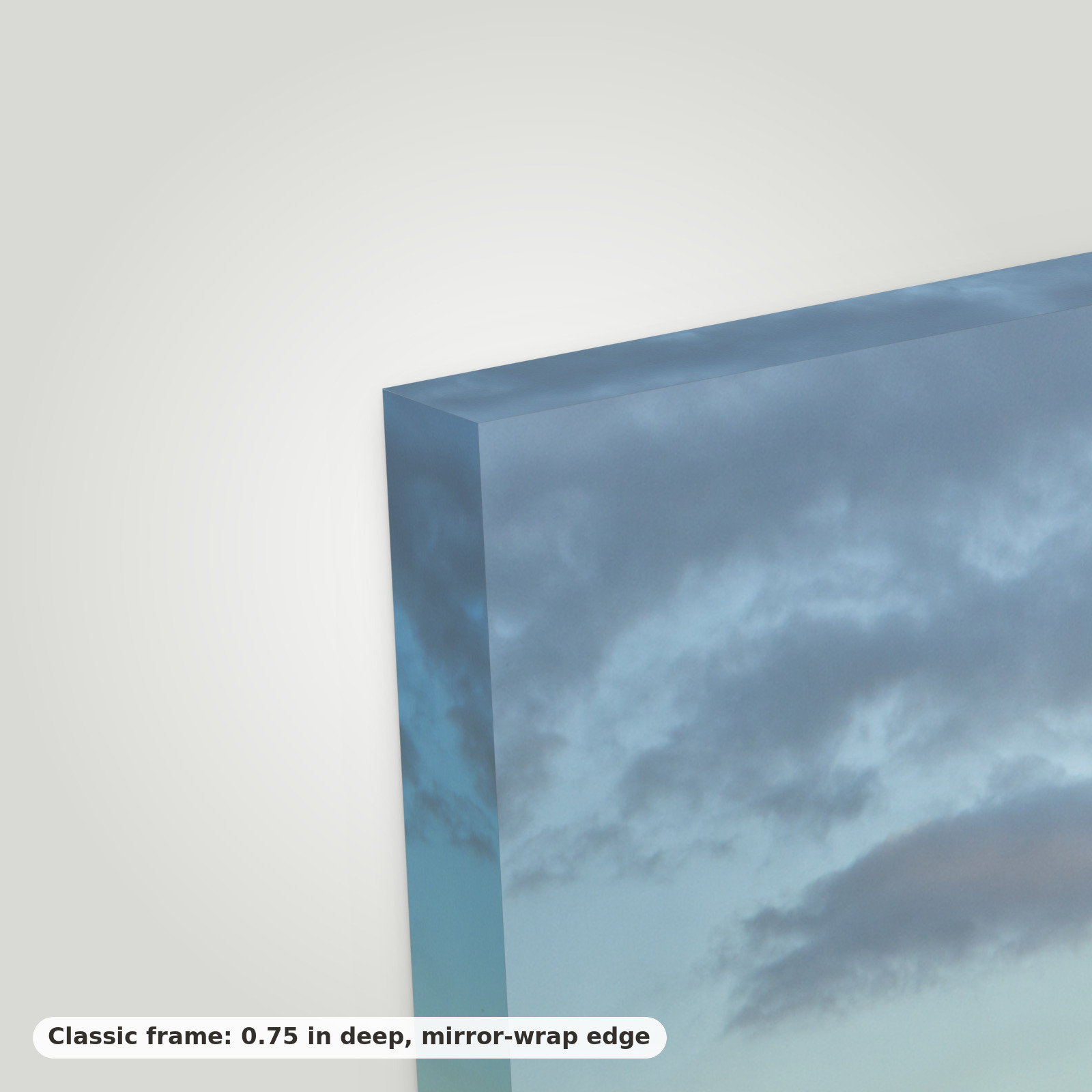 Close-up of a canvas corner showing the 0.75 in frame depth and mirror-wrap edge