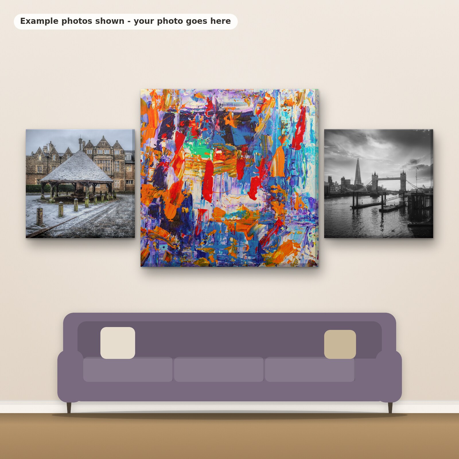 Example photos on three square deluxe canvases hanging above a sofa