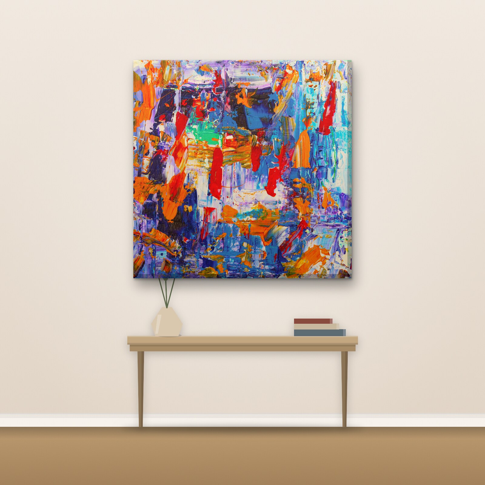 Example photo on a deluxe square canvas hanging on a living-room wall above a console table
