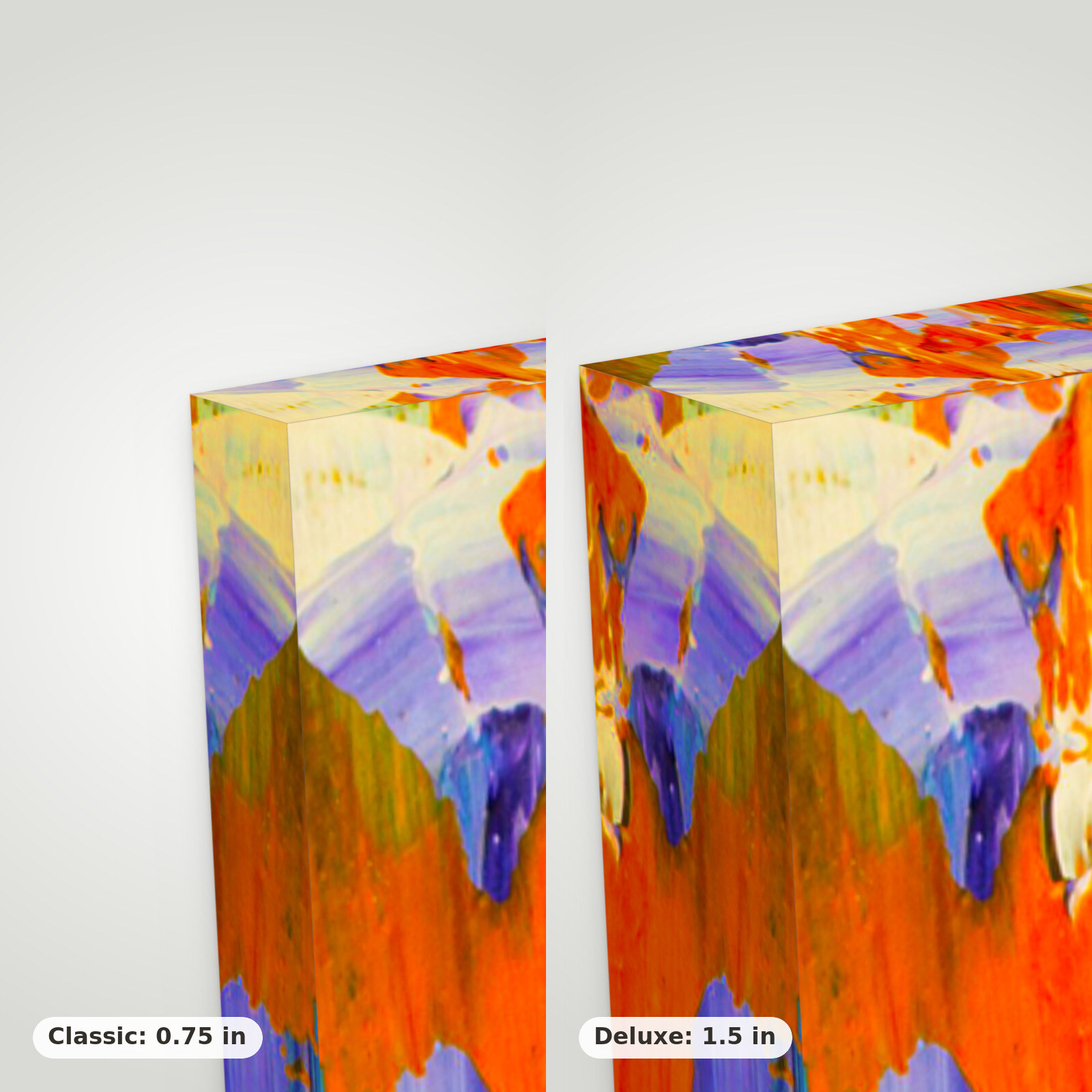Side-by-side close-up of a Classic 0.75 in canvas corner and a Deluxe 1.5 in canvas corner