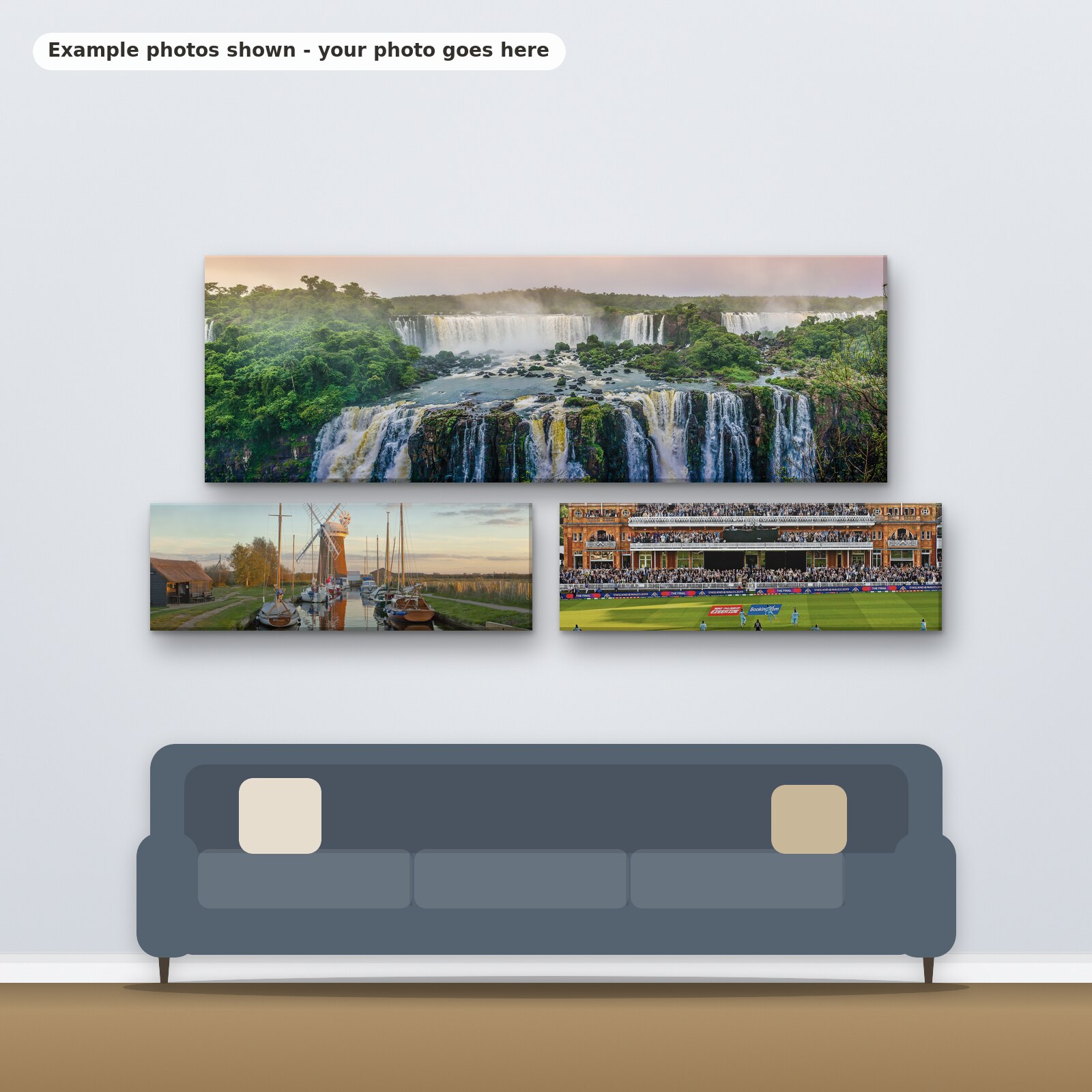 Example photos on three panoramic canvases hanging above a sofa