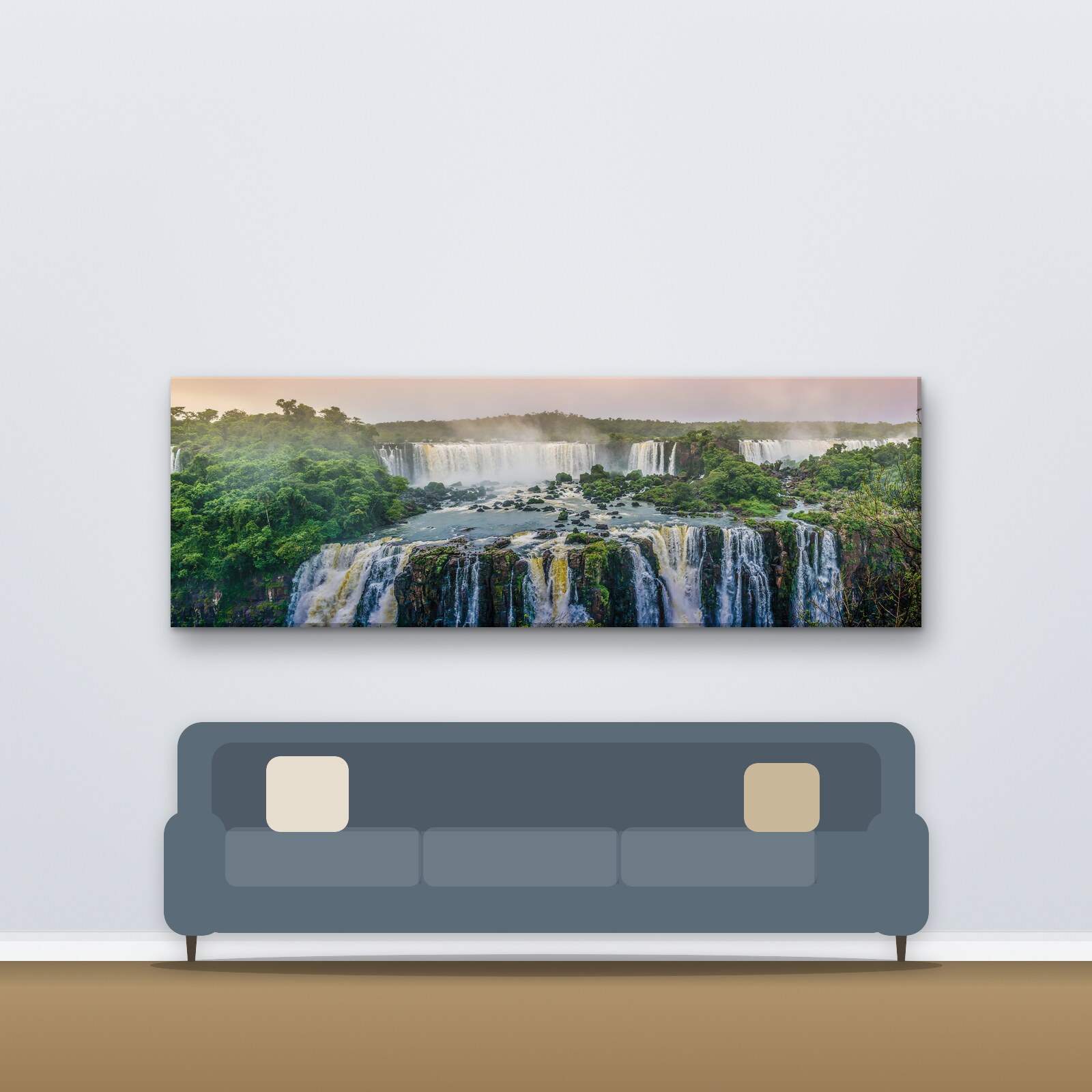 Example photo on a panoramic canvas hanging on a living-room wall above a sofa