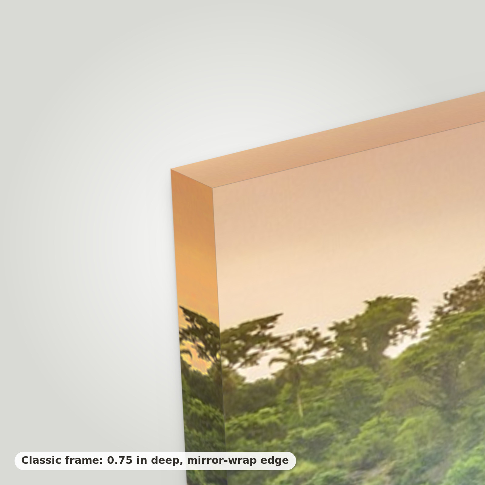 Close-up of a canvas corner showing the 0.75 in frame depth and mirror-wrap edge