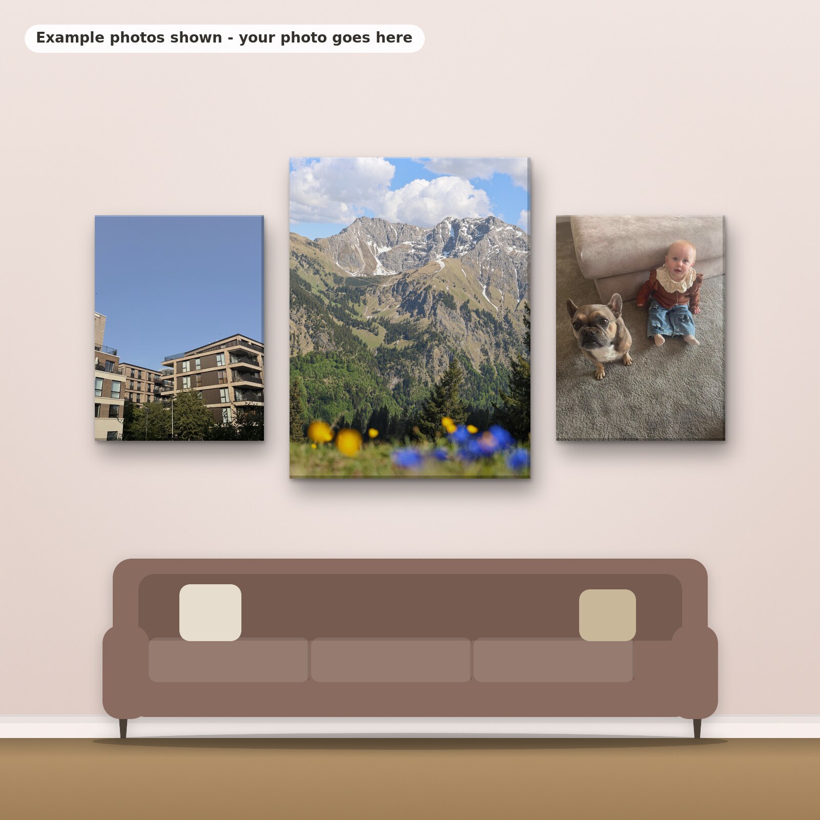 Example photos on three portrait canvases hanging above a sofa