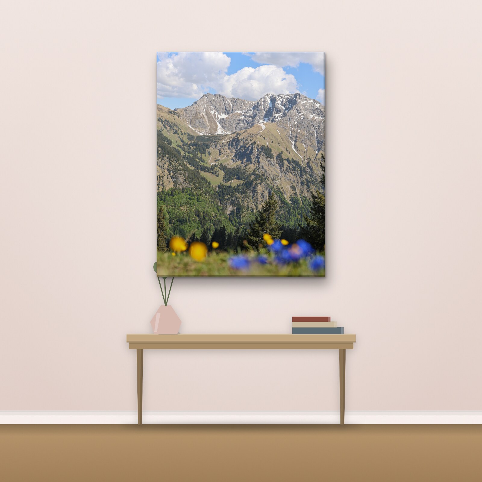 Example photo on a portrait canvas hanging on a living-room wall above a console table