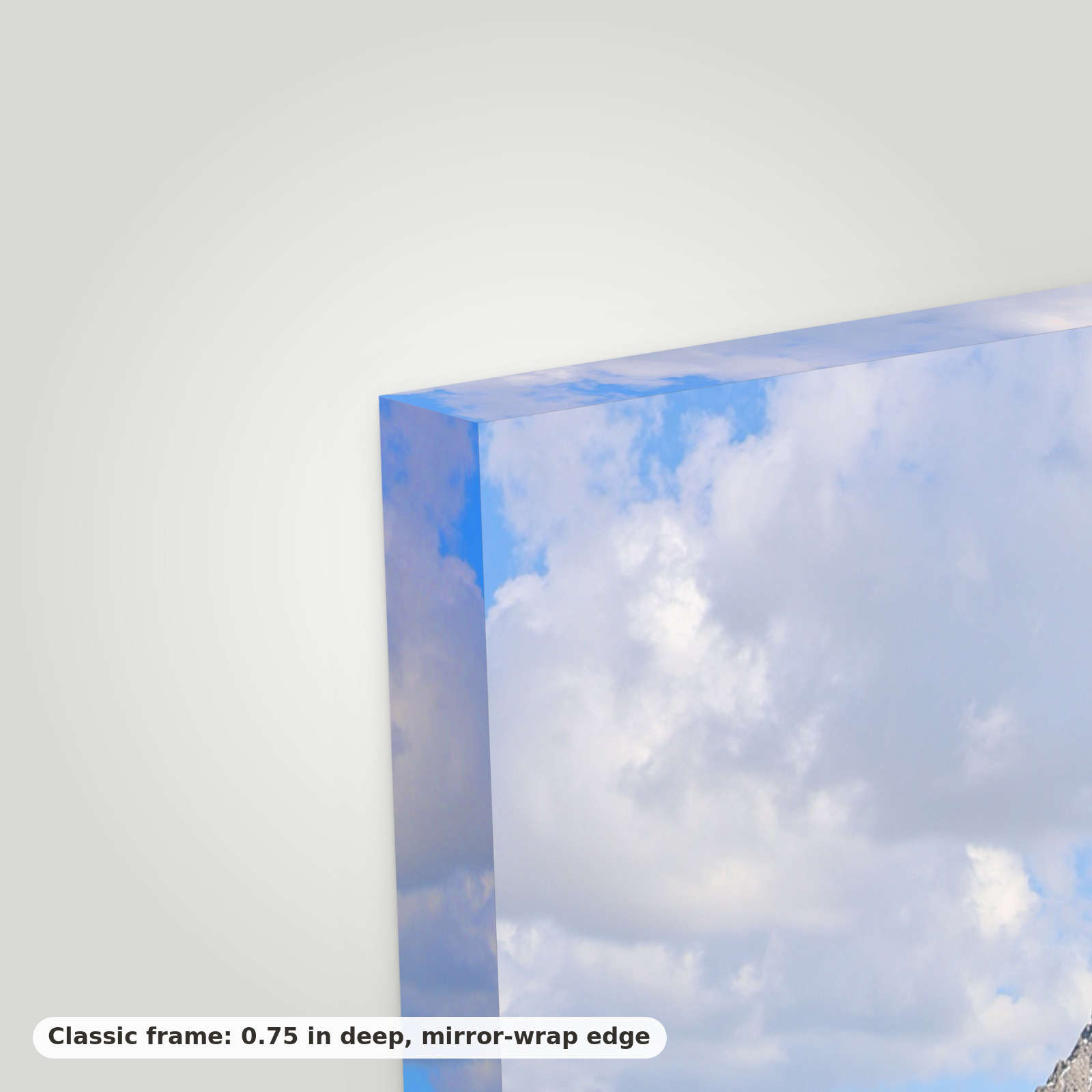 Close-up of a canvas corner showing the 0.75 in frame depth and mirror-wrap edge