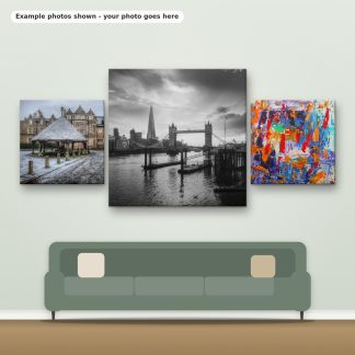 Example photos on three square canvases hanging above a sofa
