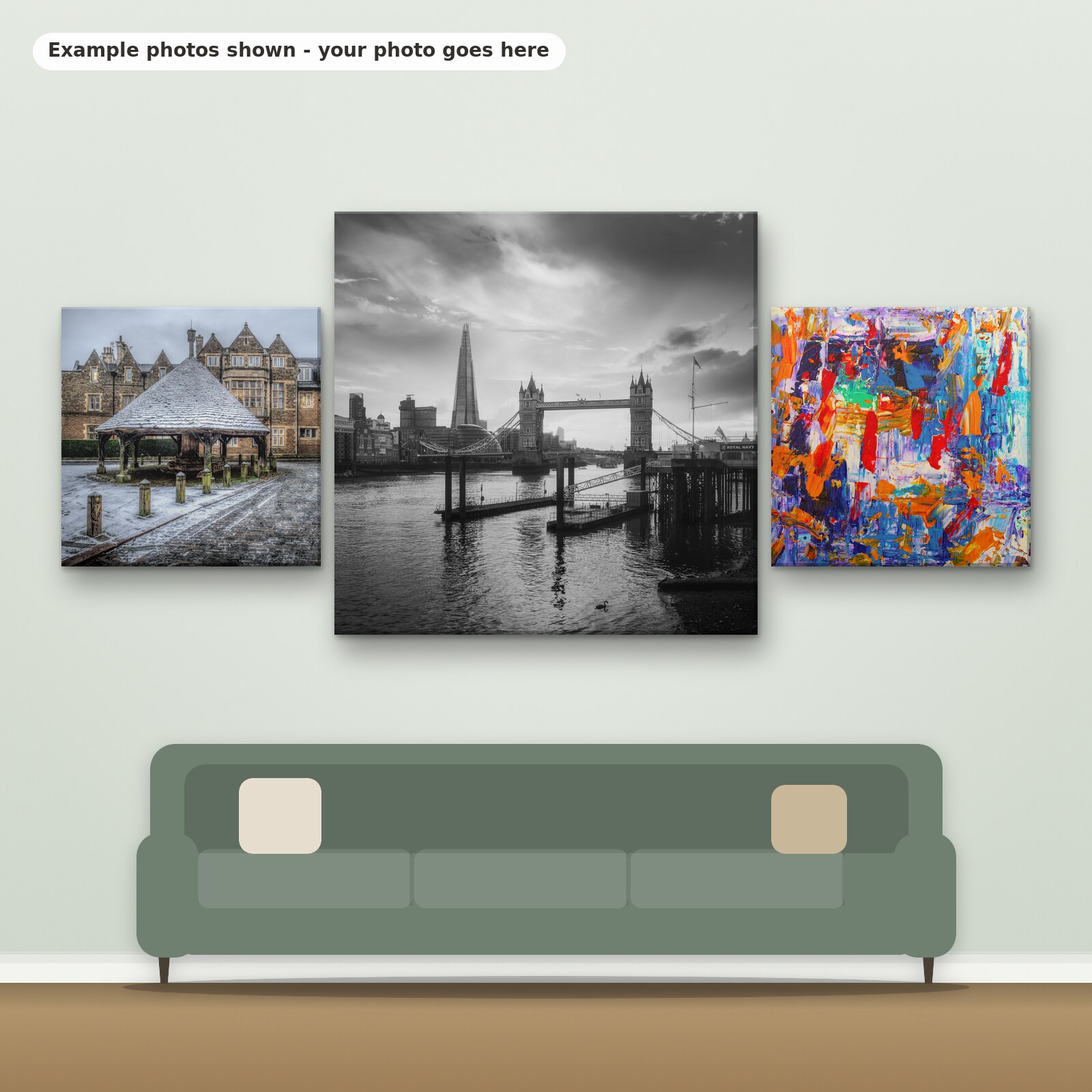 Example photos on three square canvases hanging above a sofa