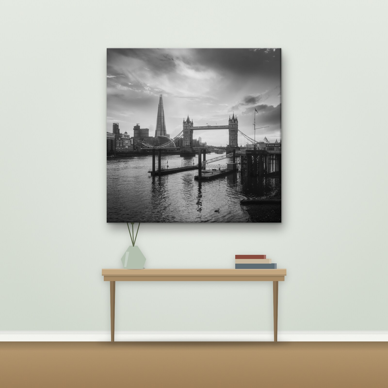Example photo on a square canvas hanging on a living-room wall above a console table