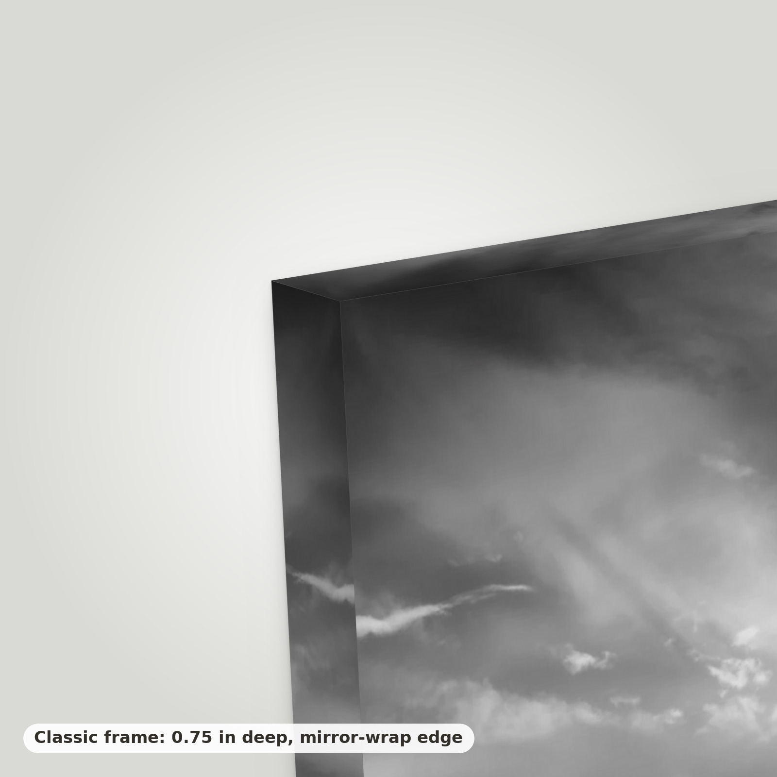 Close-up of a canvas corner showing the 0.75 in frame depth and mirror-wrap edge